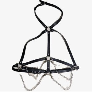 Black Leather Harness with Silver Chains